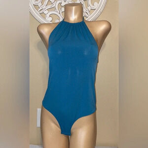 BCBGeneration women’s bodysuit large halter cutout back blue stretch layer BCBG